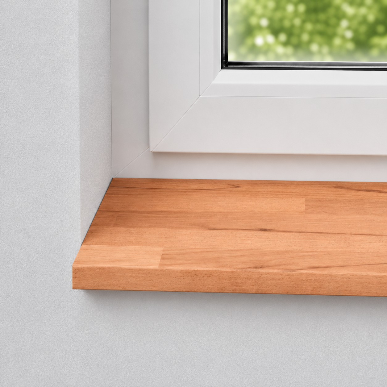 Vensterbank van massief, gestoomd beukenhout met rode kern en gevingerlaste lamellen