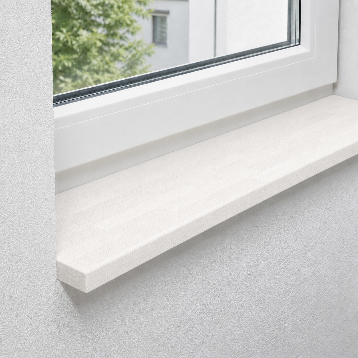 Vensterbank van massief, gestoomd beukenhout met gevingerlaste lamellen