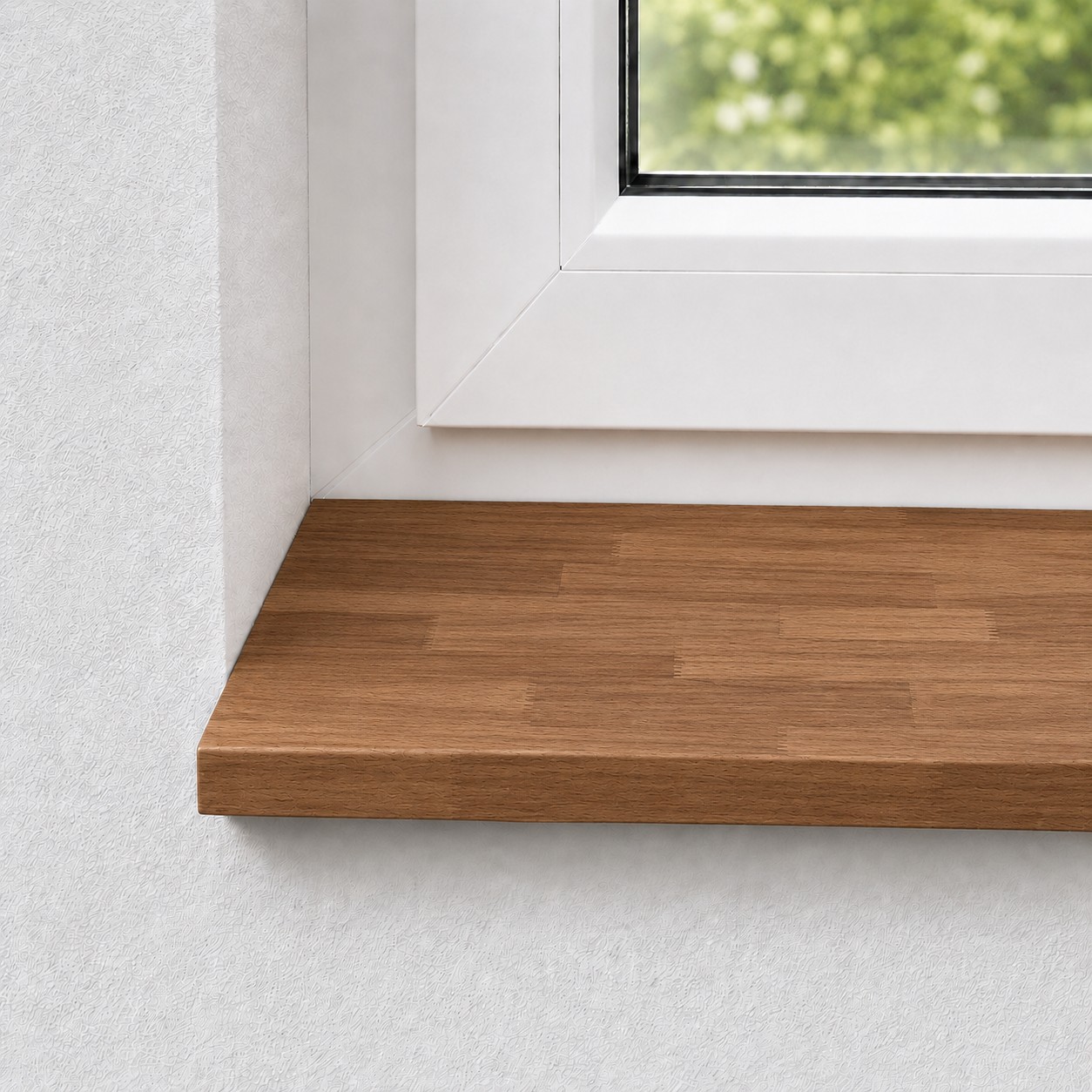 Vensterbank van massief, gestoomd beukenhout met gevingerlaste lamellen