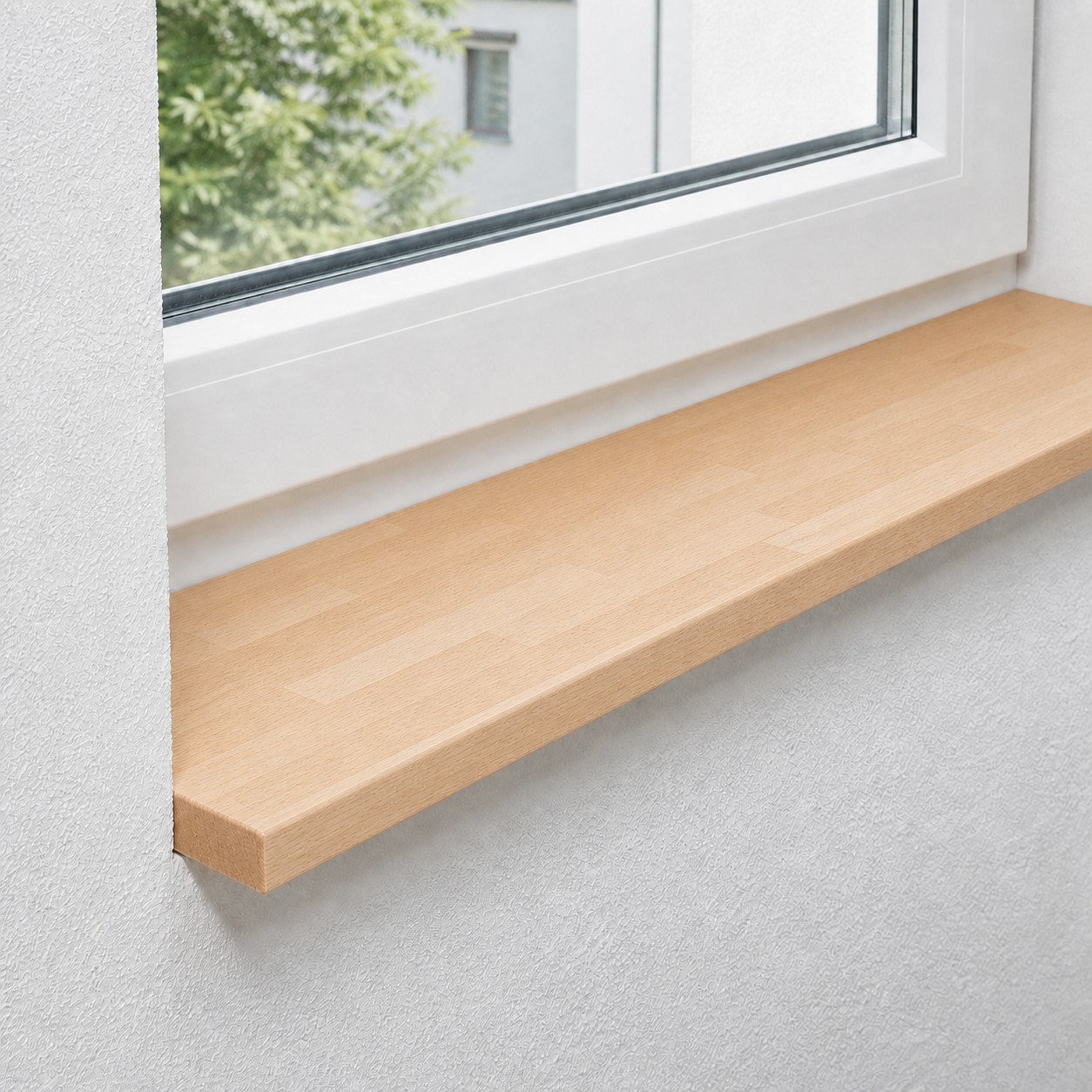 Vensterbank van massief, gestoomd beukenhout met gevingerlaste lamellen