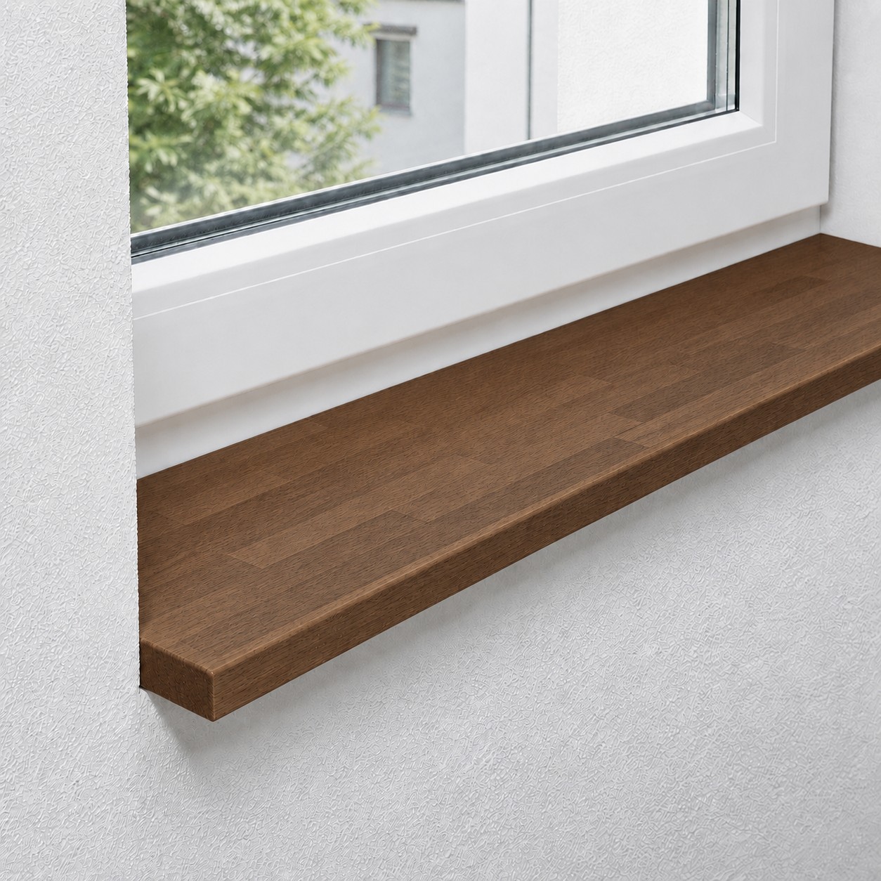 Vensterbank van massief, gestoomd beukenhout met gevingerlaste lamellen